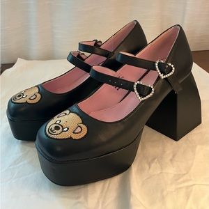 Black and pink, platform teddy bear heals, size 8